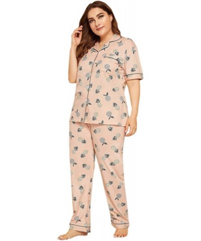 Women's Sleepwear Plus Button Short Sleeve Top Pajamas Set Loungewear Set - Pink - CG18WMZ8RAR $40.78 Sets