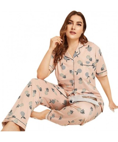 Women's Sleepwear Plus Button Short Sleeve Top Pajamas Set Loungewear Set - Pink - CG18WMZ8RAR $40.78 Sets