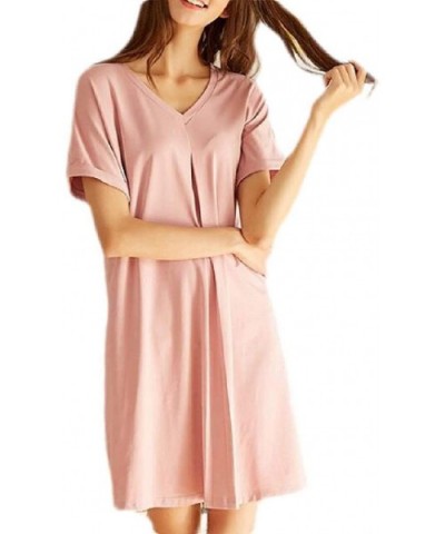 Summer V Neck Sleepwear Loose Short Sleeve Knitted Nightgown Sleep Dress - 4 - CM19DSW0S4Q $44.53 Nightgowns & Sleepshirts