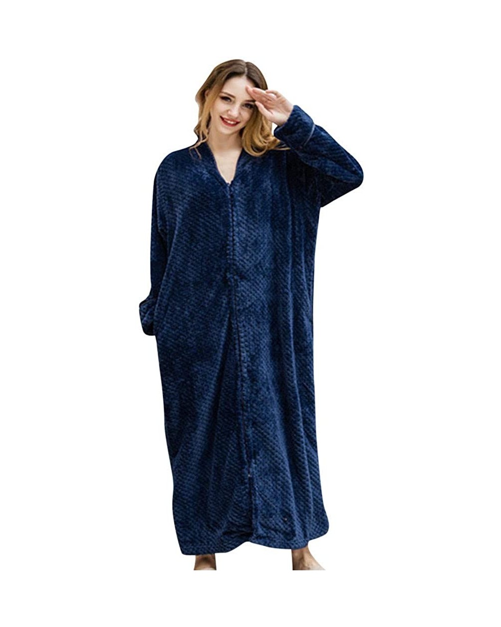 Womens Relaxed Fit Zip-Front Fleece Robe- Zipper Waffle Fleece Soft Bathrobe Nightgown Loungewear - Navy a - CQ18NCCCDOK $50....