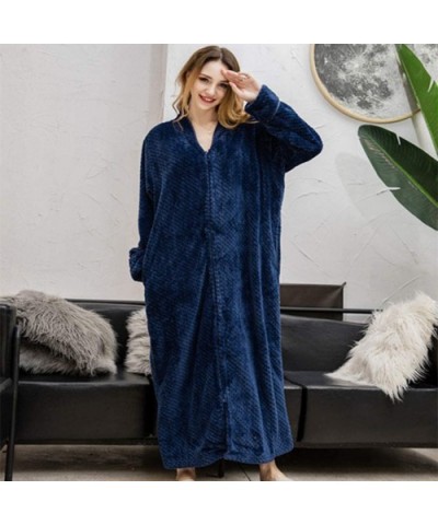 Womens Relaxed Fit Zip-Front Fleece Robe- Zipper Waffle Fleece Soft Bathrobe Nightgown Loungewear - Navy a - CQ18NCCCDOK $50....