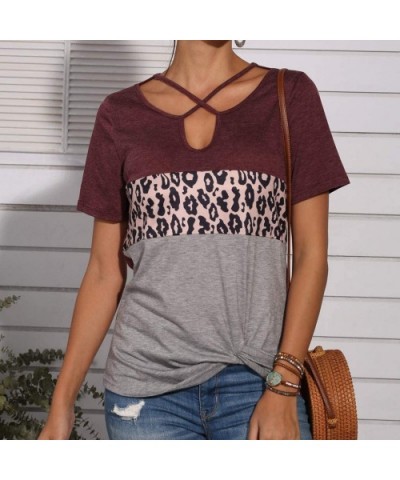 Women's Shirt Leopard Print Stitching Cross Strap Hollow Short Sleeves Top Blouse - A-wine - C719CQHN549 $23.02 Thermal Under...