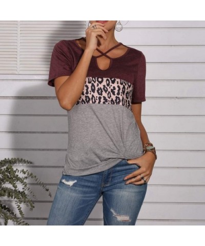 Women's Shirt Leopard Print Stitching Cross Strap Hollow Short Sleeves Top Blouse - A-wine - C719CQHN549 $23.02 Thermal Under...