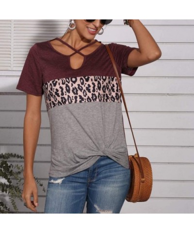 Women's Shirt Leopard Print Stitching Cross Strap Hollow Short Sleeves Top Blouse - A-wine - C719CQHN549 $23.02 Thermal Under...