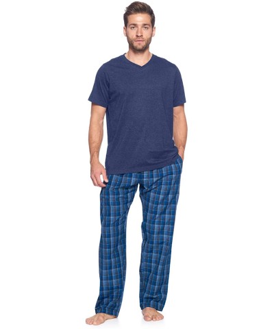 Men's Sleepwear & Loungewear Pajamas Set | Woven Plaid PJ Pants & Short Sleeve Jersey Shirt - Blue/Grey - CB18UMA24LY $44.81 ...