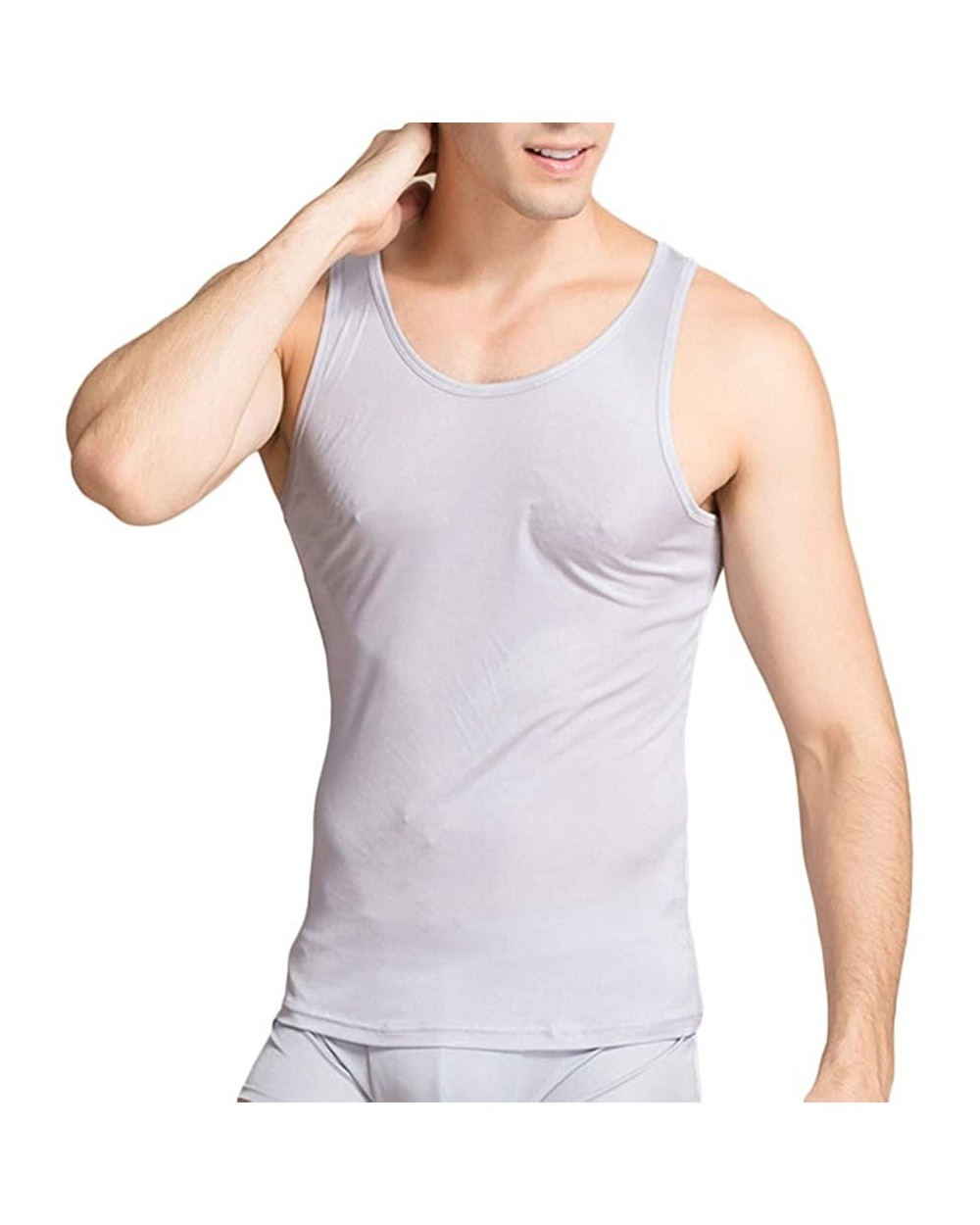 Men's 100% Pure Silk Knitted T-Shirt Undershirts Slim Casual Tee Tops - Gray 2 - CM18STWLYTE $34.91 Undershirts