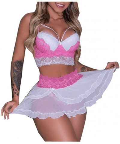 Women Sexy Lace Bra Mini Skirt with G-String Lingerie Nightwear Teddy Babydoll Dress Underwear Set - Pink - CJ196SD3TOX $13.3...