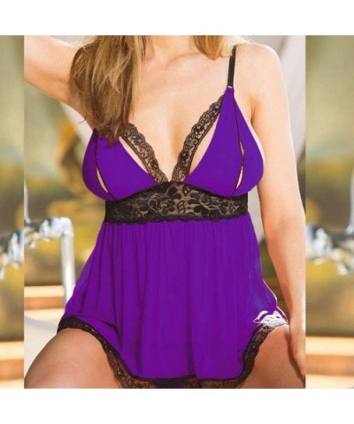 Women's Plus Size Lingerie Red Babydoll Lace Split Cup Sleepwear Chemise Set - Purple - C61928N63AX $20.70 Slips