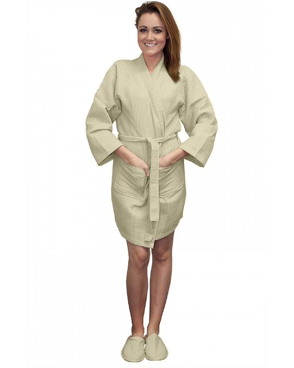 Thigh Length Waffle Weave Kimono Robes - Beige - C311TON8733 $43.40 Robes