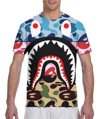 Men's Boys Short Sleeve Crewneck Shirt Fashion Cool Fit Workwear Tops - Bape Shark Camo Blue Pink - CT19C4M8MOY $38.32 Unders...