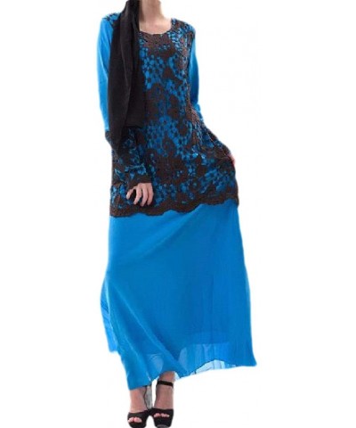 Women Lace Patchwork Muslim Islamic Contrast Dubai Kaftan Maxi Dress - Navy Blue - CD1999ML4O0 $70.01 Robes