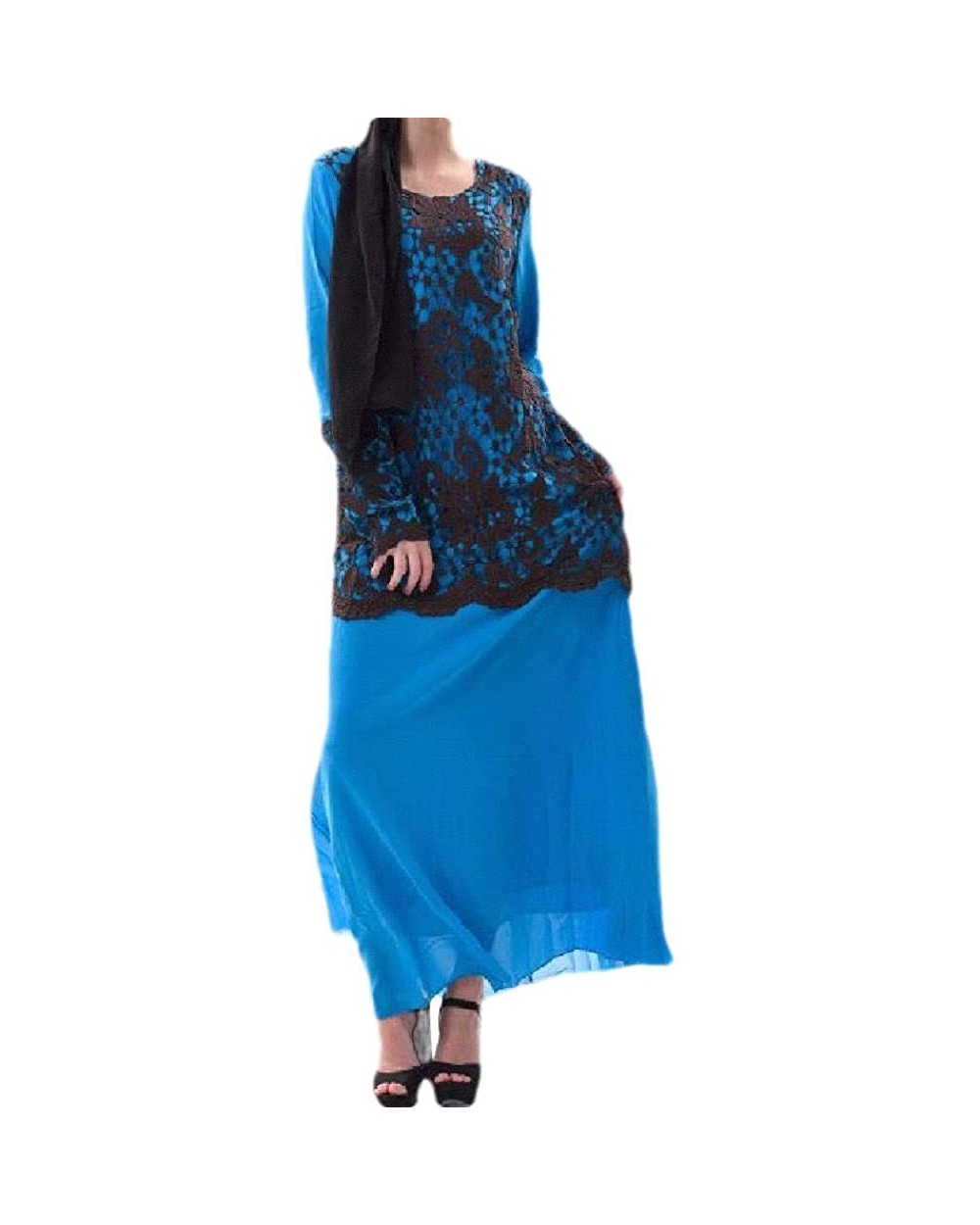 Women Lace Patchwork Muslim Islamic Contrast Dubai Kaftan Maxi Dress - Navy Blue - CD1999ML4O0 $70.01 Robes