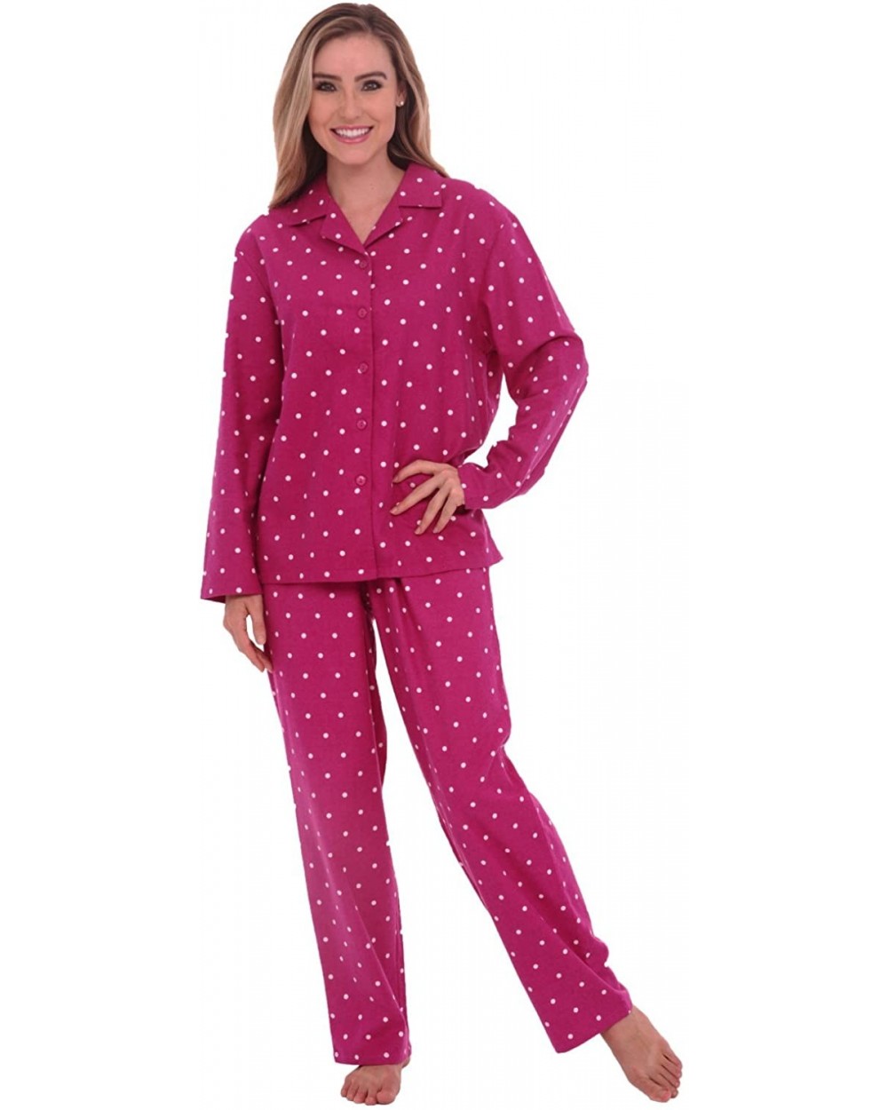 Women's Warm Flannel Pajama Set- Long Novelty Button Down Cotton Pjs - Pink With White Dots - CE11VKX666F $51.58 Sets