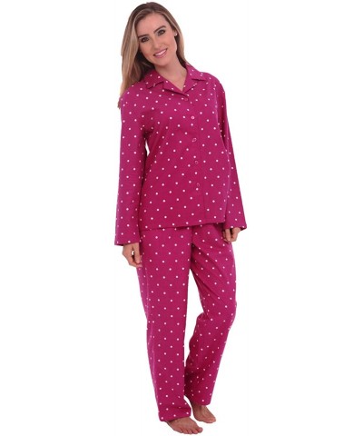 Women's Warm Flannel Pajama Set- Long Novelty Button Down Cotton Pjs - Pink With White Dots - CE11VKX666F $51.58 Sets