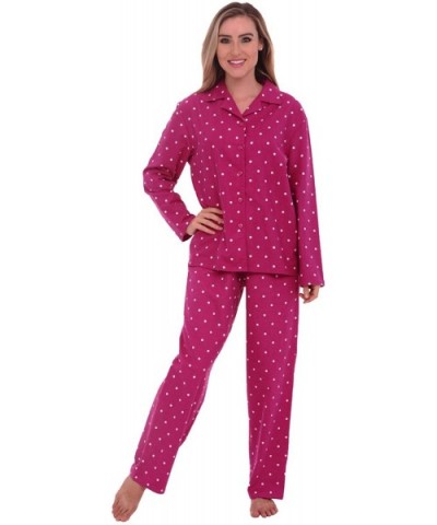 Women's Warm Flannel Pajama Set- Long Novelty Button Down Cotton Pjs - Pink With White Dots - CE11VKX666F $51.58 Sets