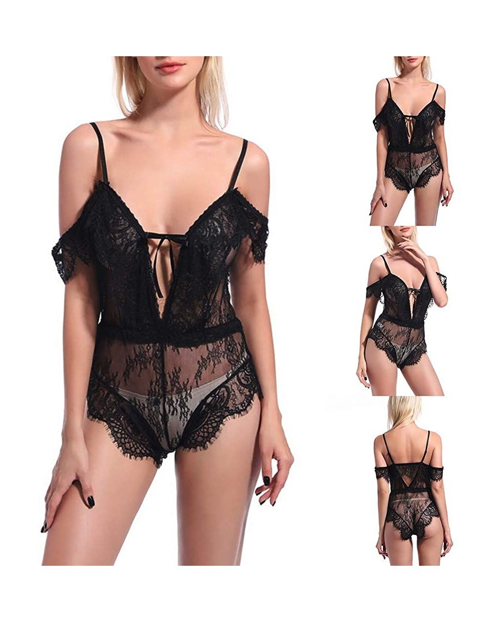 Women Sexy Lingerie Black Eyelash Lace Chemise Babydoll Nightwear - Black - CA1928MMEG2 $26.43 Baby Dolls & Chemises