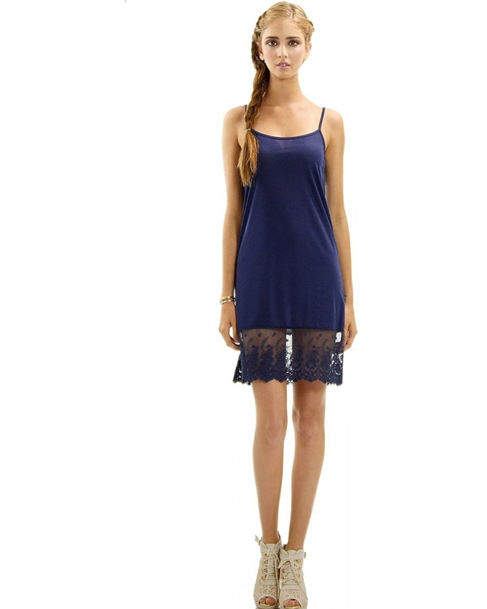 Women's Lace Knit Full Slip Extender for Short Dresses- Tunics and Sweaters - Navy - CA12I3QP0OF $27.52 Slips