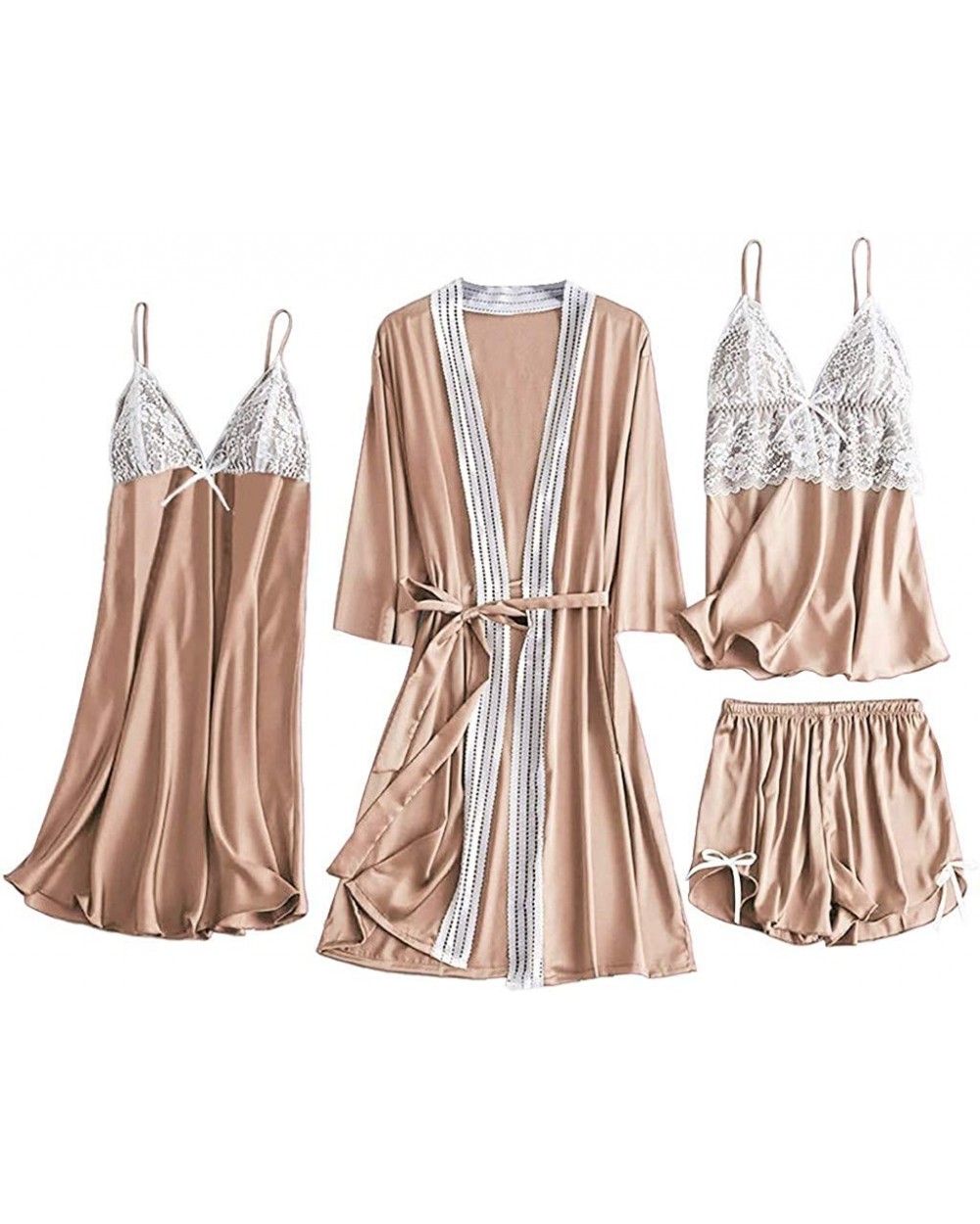 Women's 4PCS Silk Satin Pajama Set Cami Top Nightgown Lace Sleepwear Robe Babydoll Sets Sexy Nightdress Pajamas Lingerie - Z-...