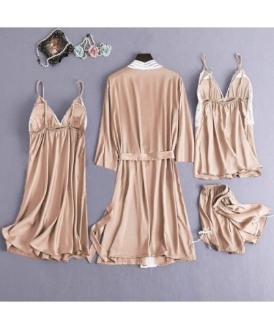 Women's 4PCS Silk Satin Pajama Set Cami Top Nightgown Lace Sleepwear Robe Babydoll Sets Sexy Nightdress Pajamas Lingerie - Z-...