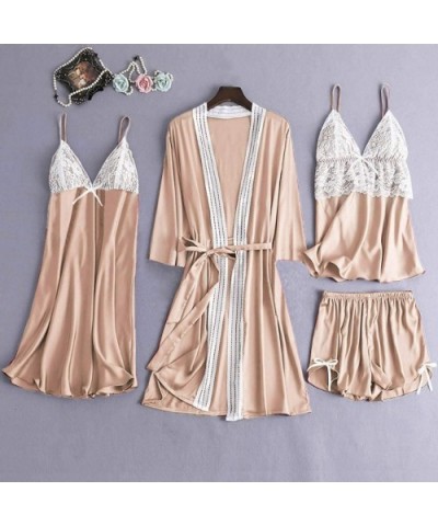 Women's 4PCS Silk Satin Pajama Set Cami Top Nightgown Lace Sleepwear Robe Babydoll Sets Sexy Nightdress Pajamas Lingerie - Z-...