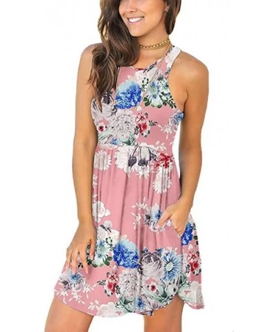 Women's Summer Sleeveless Floral Printed T-Shirt Mini Dress Loose Party Beach Tunic Tops Short Dress with Pockets - Pink - CB...