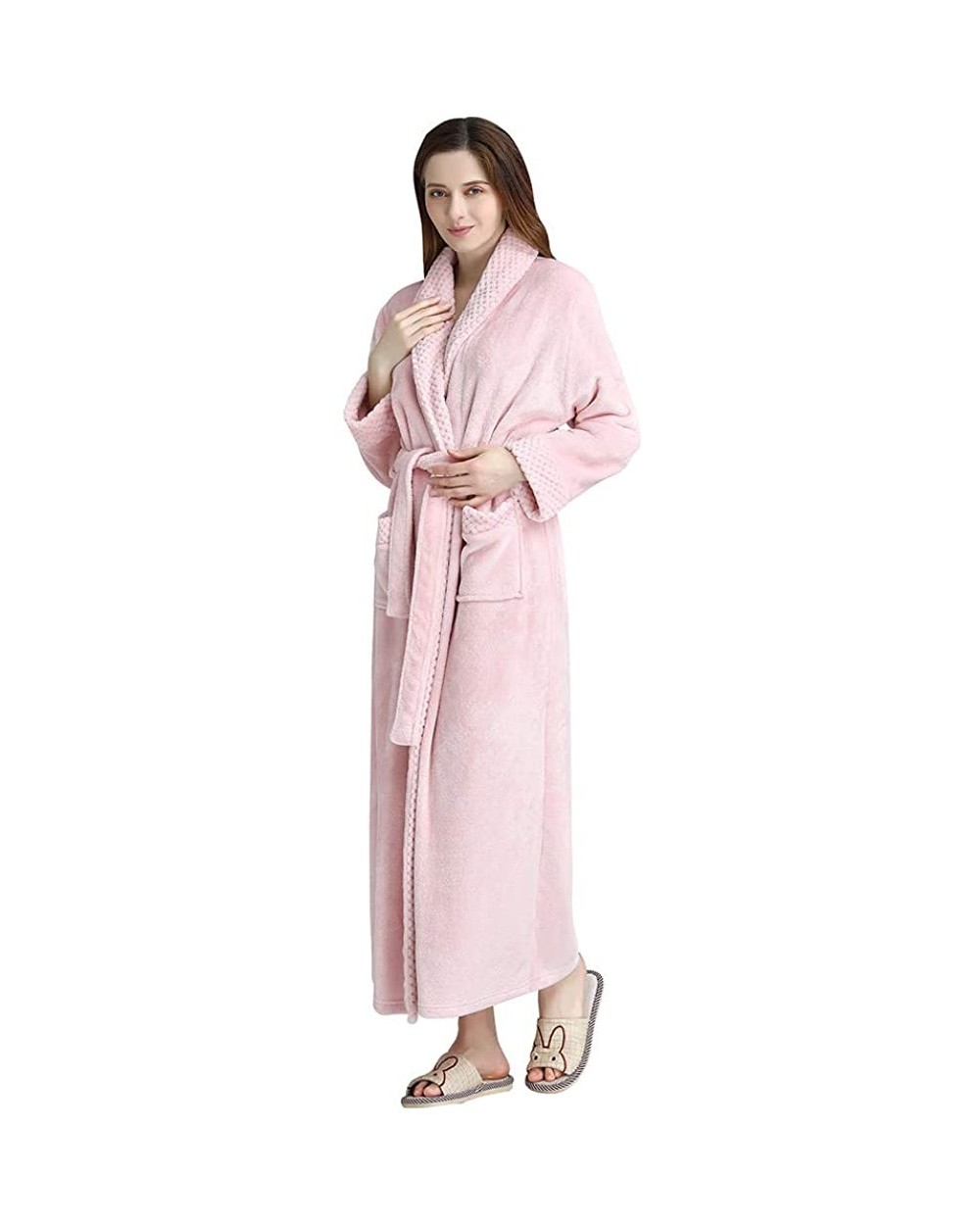 Long Robes for Women Men Kimono Flannel Bathrobe Winter Loungewear Housecoat Sleepwear with Waistband Pockets - Pink - C718AL...