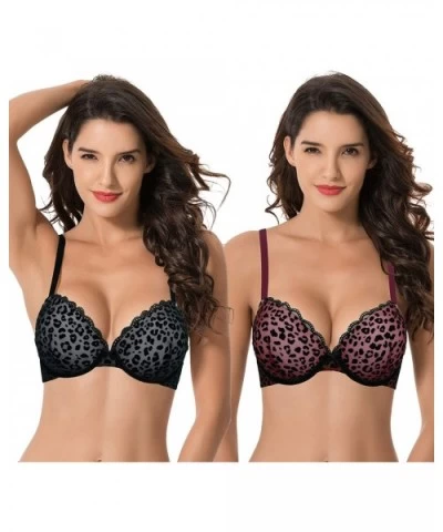 Women's Plus Size Push Up Add 1 and a Half Cup Underwire Mesh Bra - Black-redblack/Burgundy(2 Pack) - CO190WLSXIE $51.05 Bras