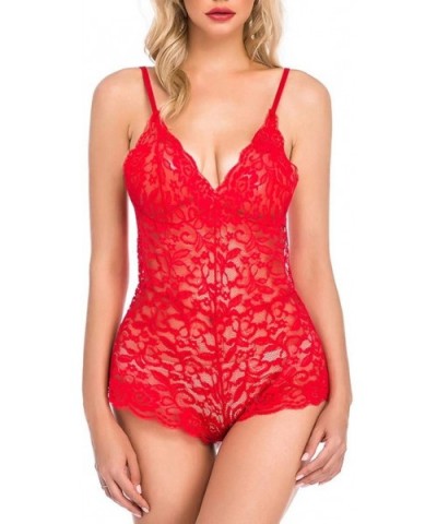 Women Deep V-Neck Temptation Lace Bodysuit One Piece Lingerie Mini Teddy Babydoll Sleepwear - Red - CA196Z5SY7O $15.93 Baby D...