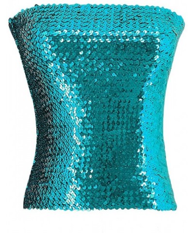 Women Shiny Sequins Stretch Tube Top Clubwear Strapless Long Vest - Lake Blue - CZ18K6XNTUI $26.40 Camisoles & Tanks