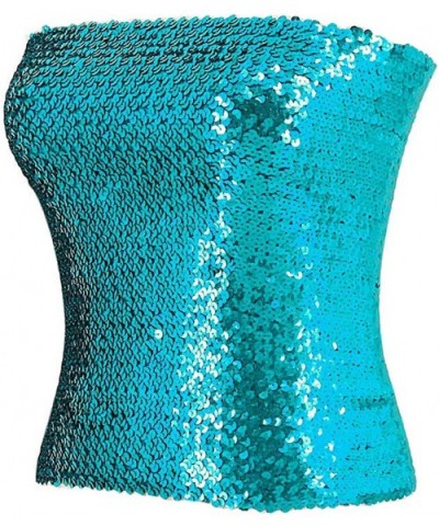 Women Shiny Sequins Stretch Tube Top Clubwear Strapless Long Vest - Lake Blue - CZ18K6XNTUI $26.40 Camisoles & Tanks