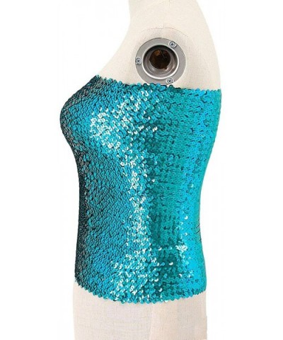 Women Shiny Sequins Stretch Tube Top Clubwear Strapless Long Vest - Lake Blue - CZ18K6XNTUI $26.40 Camisoles & Tanks