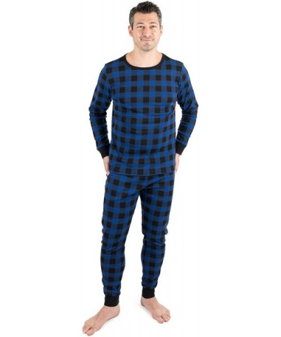 Men's Pajamas Fitted Striped Christmas 2 Piece Pjs Set 100% Cotton Sleep Pants Sleepwear (XSmall-XXLarge) - Black & Navy Plai...