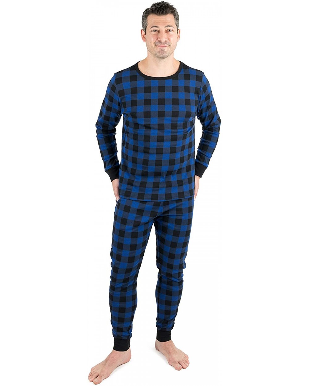 Men's Pajamas Fitted Striped Christmas 2 Piece Pjs Set 100% Cotton Sleep Pants Sleepwear (XSmall-XXLarge) - Black & Navy Plai...