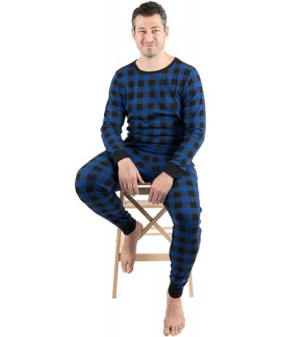 Men's Pajamas Fitted Striped Christmas 2 Piece Pjs Set 100% Cotton Sleep Pants Sleepwear (XSmall-XXLarge) - Black & Navy Plai...