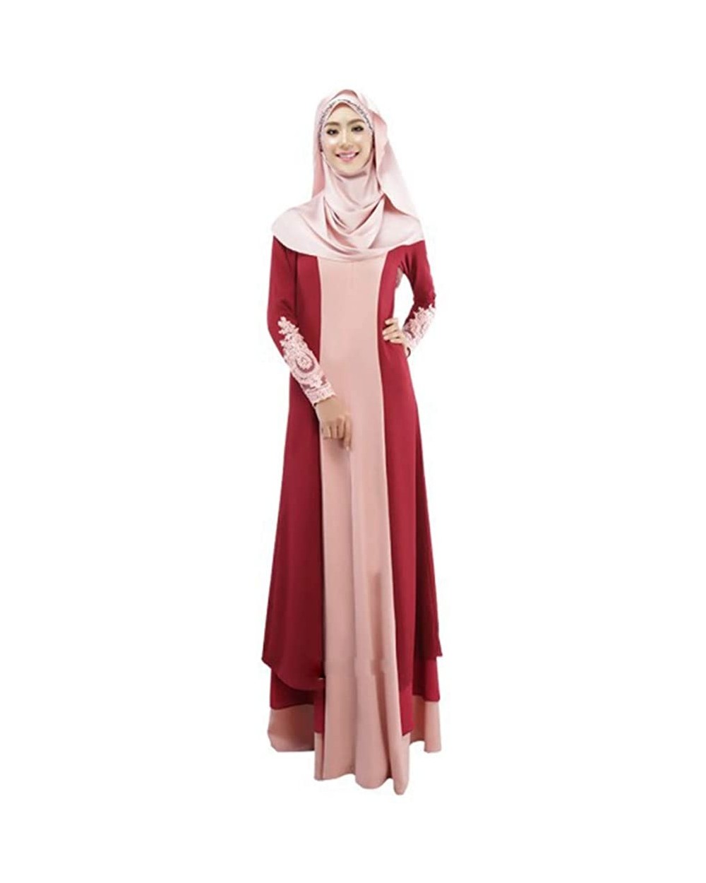 Women Lace Patchwork Abaya Dress Vintage Long Sleeve Robe Islamic Muslim Jilbab Robe - Wine - CP18R4Y77H3 $44.51 Robes