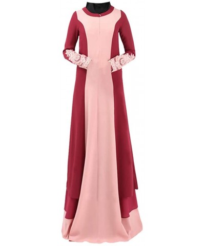 Women Lace Patchwork Abaya Dress Vintage Long Sleeve Robe Islamic Muslim Jilbab Robe - Wine - CP18R4Y77H3 $44.51 Robes