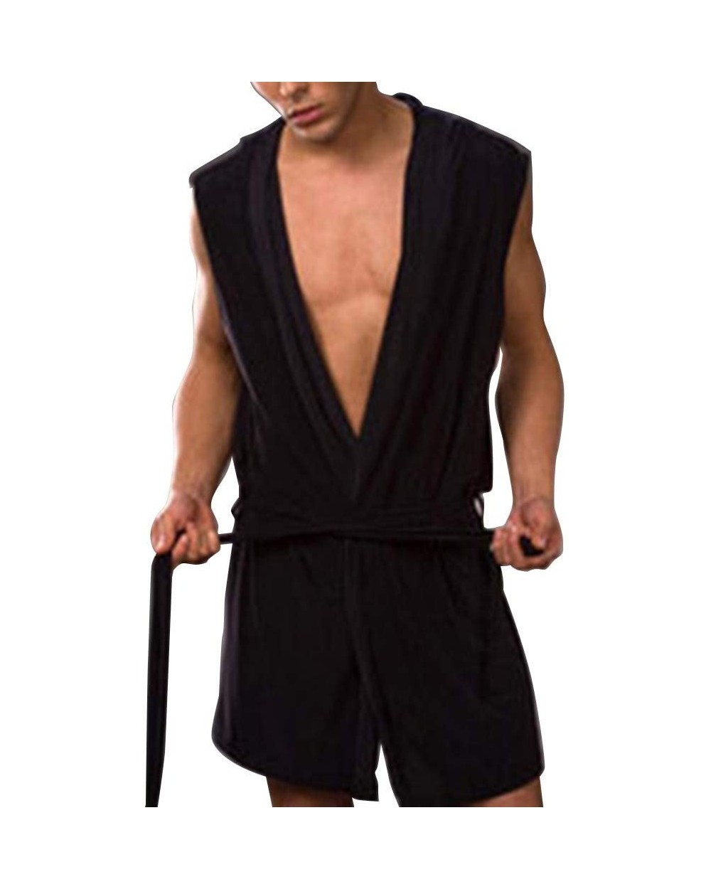 Men Summer Bathrobe Silky Hooded Sleeveless Bathrobe Sleepwear Pajamas - Black2 - C1198UGRK5Q $26.06 Robes