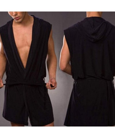 Men Summer Bathrobe Silky Hooded Sleeveless Bathrobe Sleepwear Pajamas - Black2 - C1198UGRK5Q $26.06 Robes