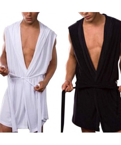 Men Summer Bathrobe Silky Hooded Sleeveless Bathrobe Sleepwear Pajamas - Black2 - C1198UGRK5Q $26.06 Robes