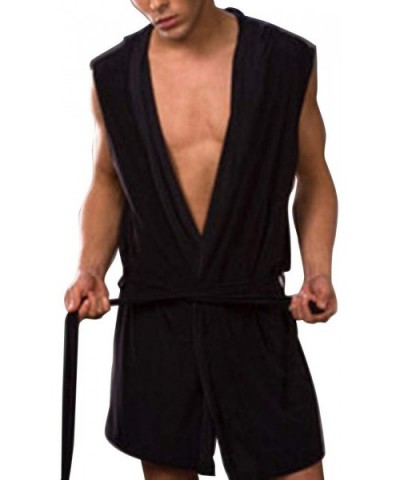 Men Summer Bathrobe Silky Hooded Sleeveless Bathrobe Sleepwear Pajamas - Black2 - C1198UGRK5Q $26.06 Robes