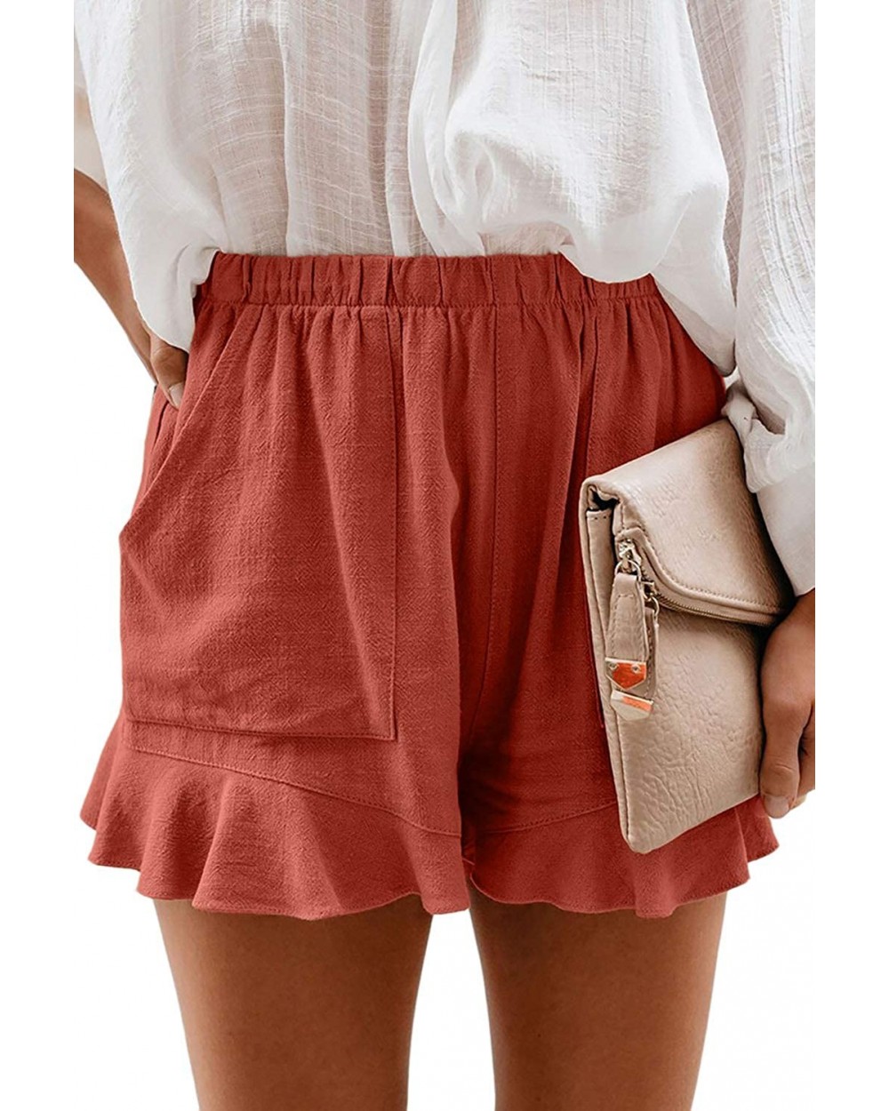 Women Cotton Casual Shorts Solid Color High Waist Pleated Loose Summer Pants with Pockets - Red - CO199HT07I6 $27.25 Bottoms