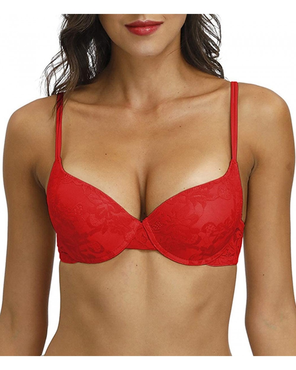 Push Up Bra for Women Demi Cup Padded Underwire Supportive Add Size Bras Lace Everyday Comfort - Red - CI18A8SH75Y $25.90 Bras