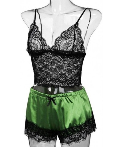 Sexy Lingerie for Women Satin Lace V-Neck Camisole Shorts Set Sleepwear Pajamas Spaghetti Strap Silky Chemise WEI MOLO - Gree...