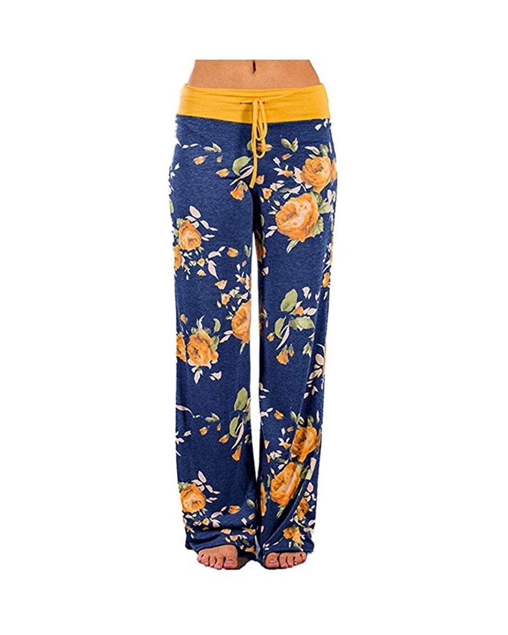 Women's Comfy Casual Pajama Pants Floral Print High Waist Wide Leg Pants Drawstring Palazzo Lounge Pants - A - Floral / Blue ...