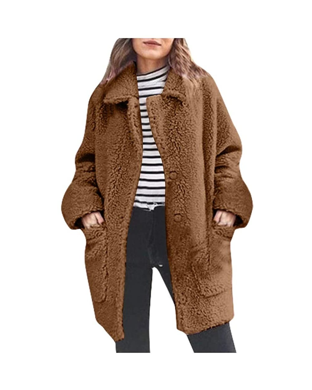 Women's Casual Jacket Winter Warm Outwear Plush Plus Size Pocket Cardigan Outercoat Long Coat - Khaki - CC18AQ3C02M $55.18 Ba...