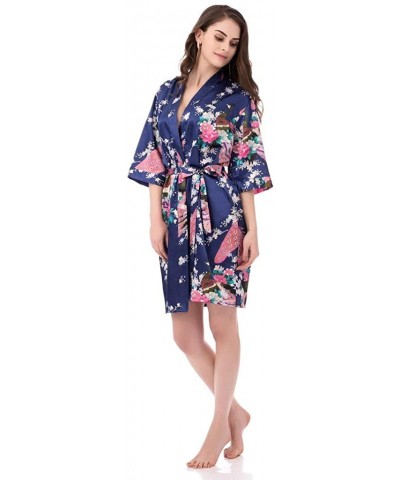 Kimono Robes for Women Floral Peacock Short Silk Bridesmaid Robes Wedding Party - Navy - C817XX7THOI $20.47 Robes