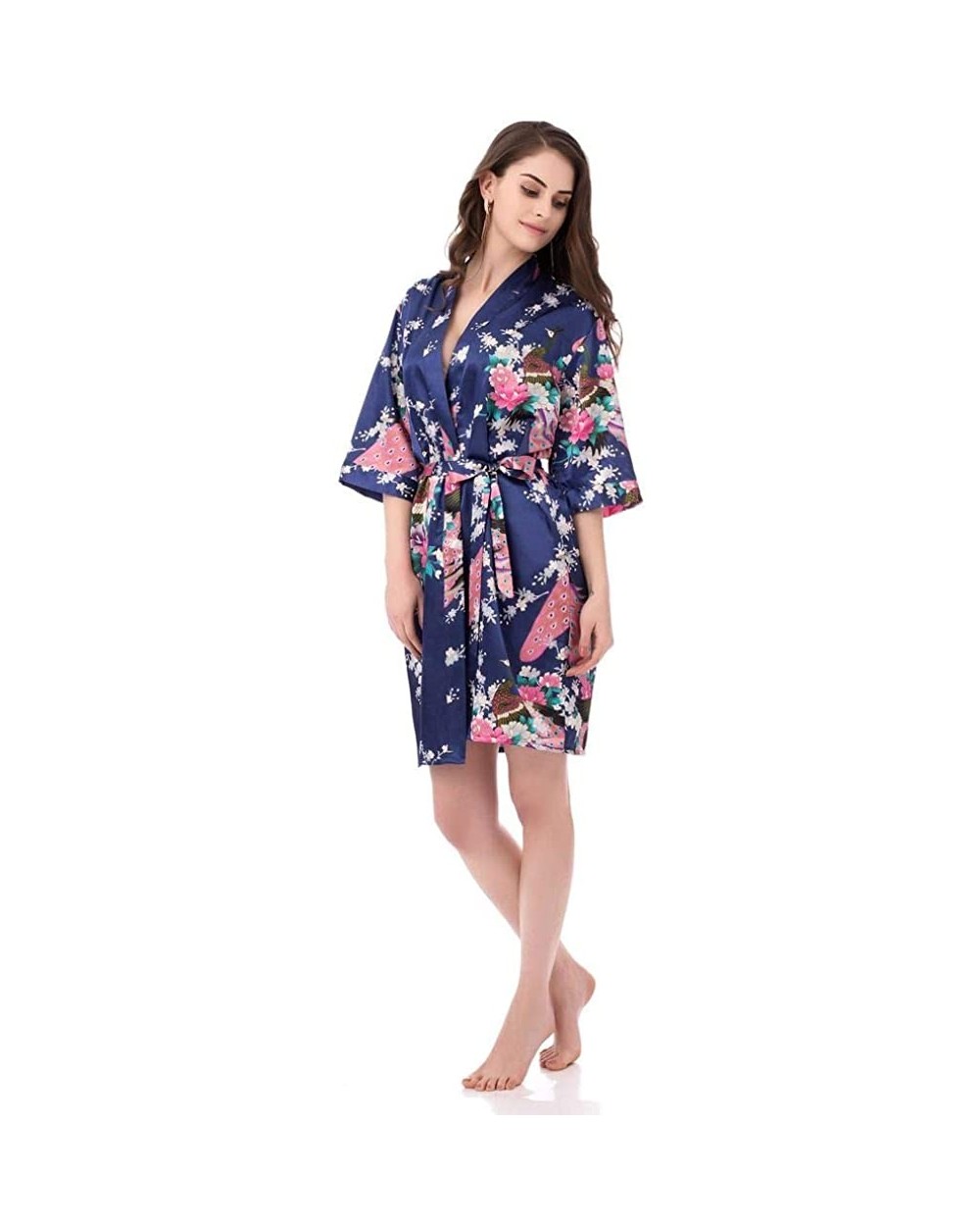 Kimono Robes for Women Floral Peacock Short Silk Bridesmaid Robes Wedding Party - Navy - C817XX7THOI $20.47 Robes