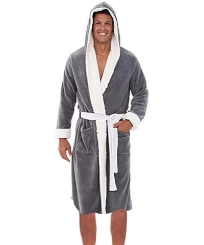 Mens Robe with Hood and Pocket Fleece Pure Colour Knee Length Spa/Bath Plush Bathrobe Robes - Gray 2 - CF1928IIQM9 $32.24 Robes