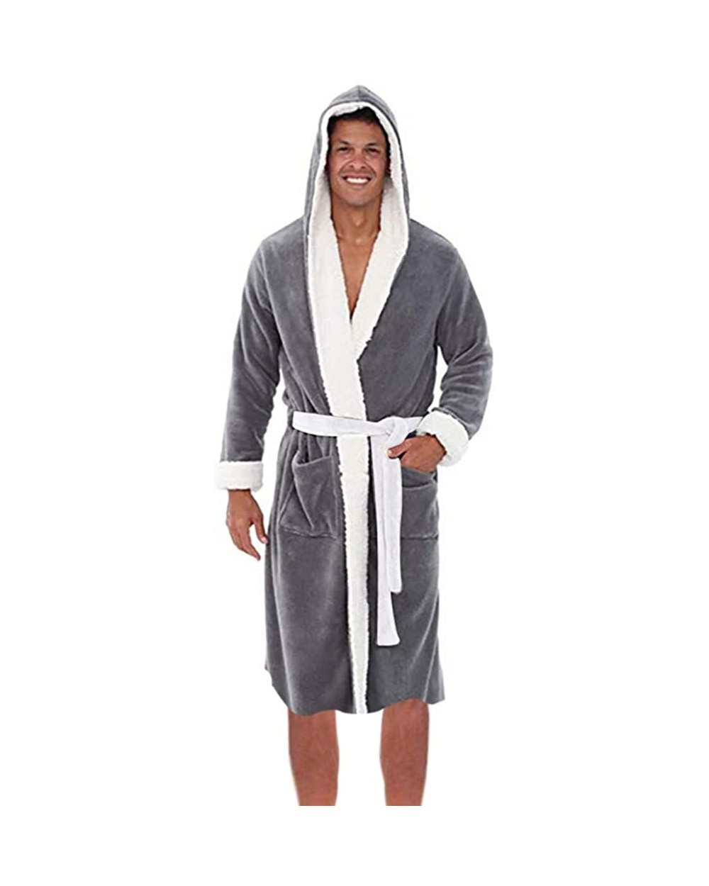 Mens Robe with Hood and Pocket Fleece Pure Colour Knee Length Spa/Bath Plush Bathrobe Robes - Gray 2 - CF1928IIQM9 $32.24 Robes