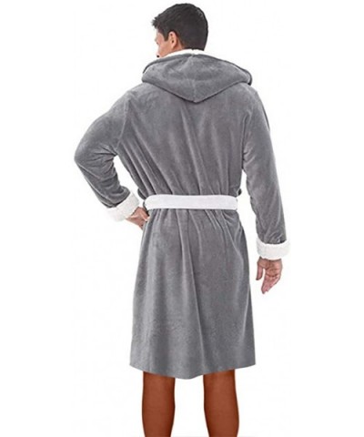 Mens Robe with Hood and Pocket Fleece Pure Colour Knee Length Spa/Bath Plush Bathrobe Robes - Gray 2 - CF1928IIQM9 $32.24 Robes